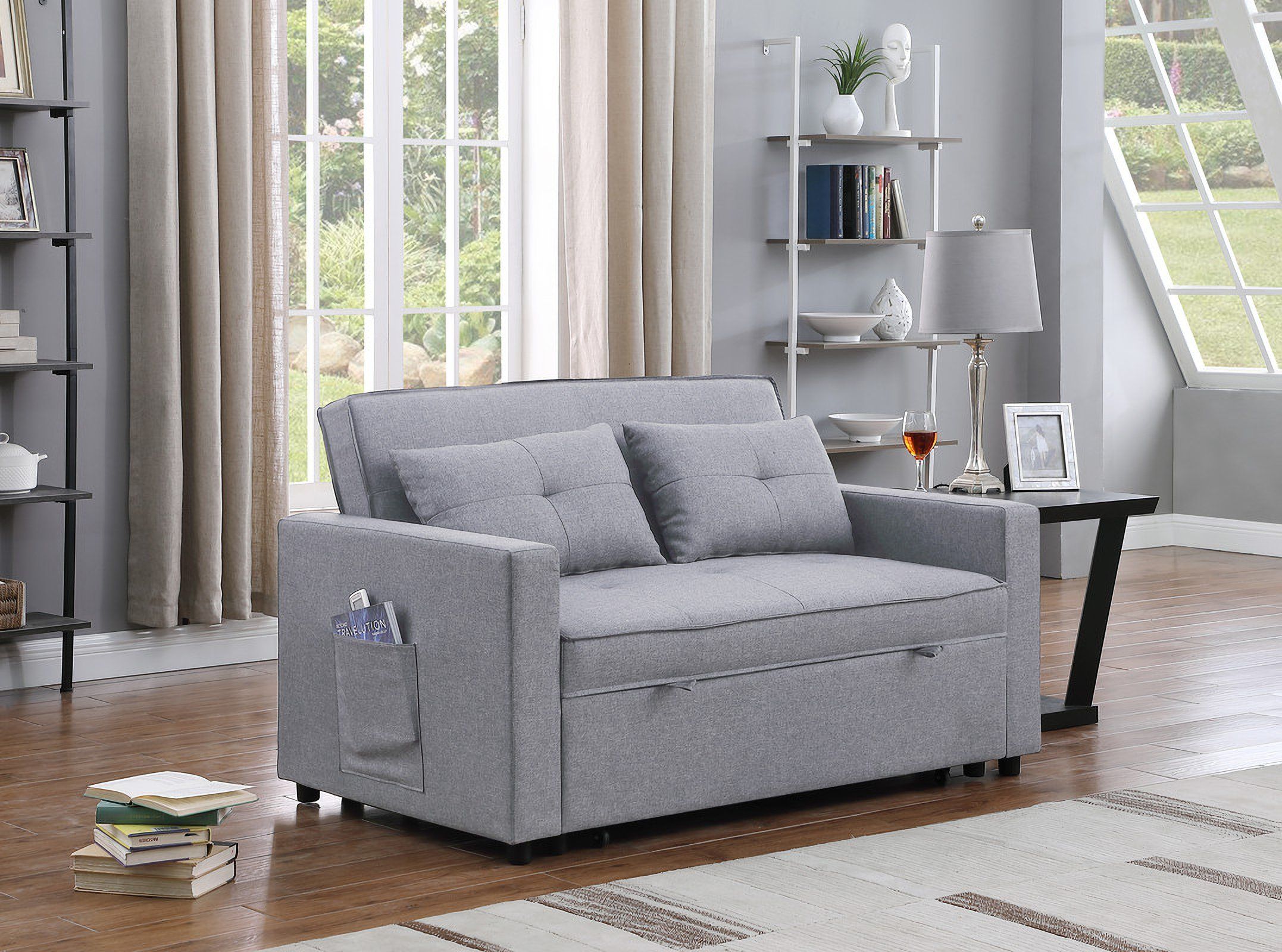 Zoey Light Gray Linen Convertible Sleeper Loveseat With Side Pocket Lilola Home | 1stopbedrooms For Convertible Gray Loveseat Sleepers (Photo 5 of 15)