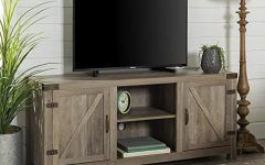 15 Collection of Jaxpety 58" Farmhouse Sliding Barn Door Tv Stands in Rustic Gray
